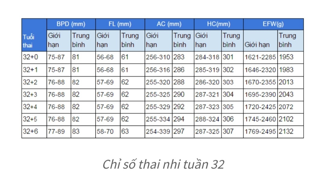 CHỈ SỐ SIÊU ÂM THAI TUẦN 32 