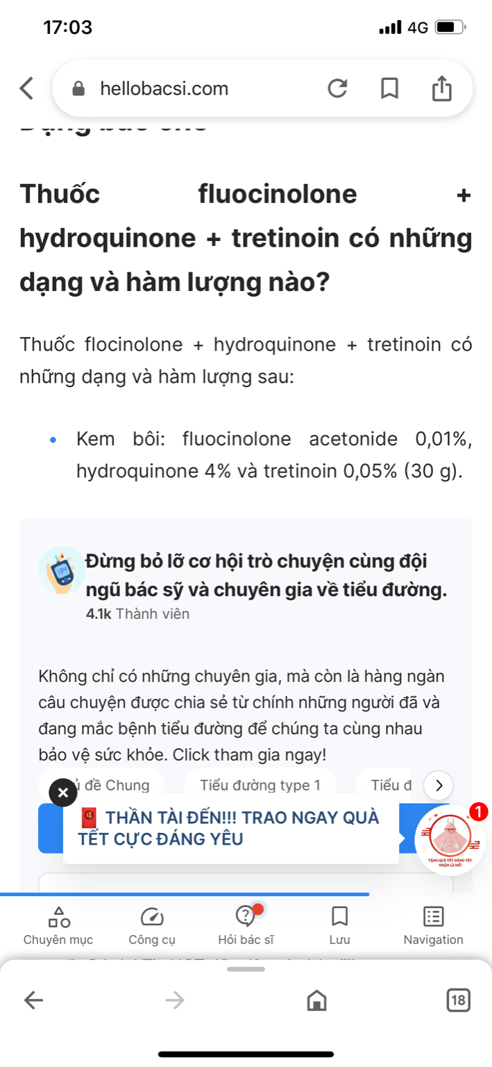 Sản phẩm chứa hydroquinone + tretrinoin 0.05 + flocinolone Sản phẩm chứa hydroquinone + tretrinoin 0.05 + flocinolone  