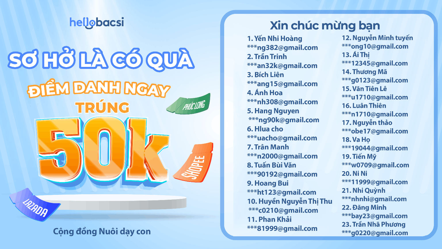 Kết quả minigame “Sơ hở là có quà - Điểm danh trúng 50K” 