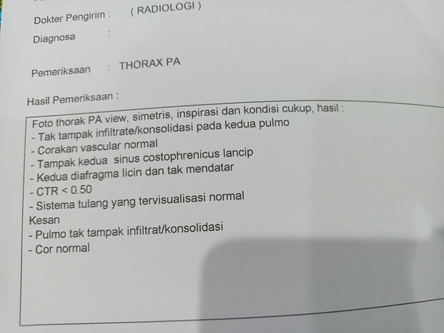 Selamat pagi dok, mau tanya. Saya rongsen dan hasil rongsen ya seperti ini apakah hasil saya baik atau bagaimana? Terima