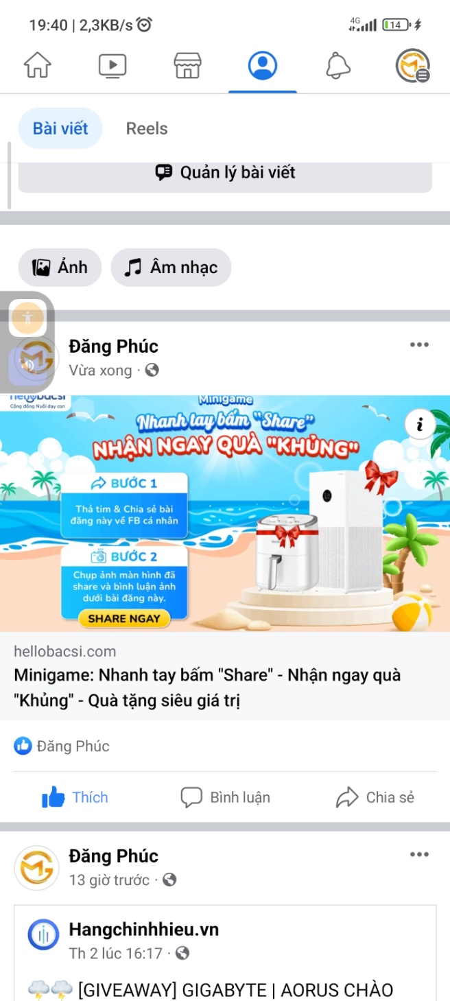 Minigame: Nhanh tay bấm "Share" - Nhận ngay quà "Khủng" - Quà tặng siêu giá trị