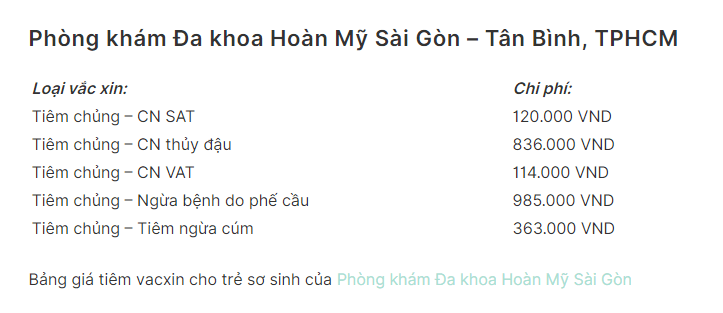 Bảng giá tiêm dịch vụ cho trẻ sơ sinh