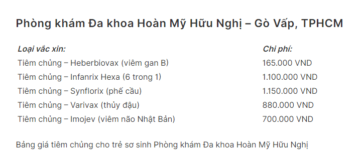 Bảng giá tiêm dịch vụ cho trẻ sơ sinh