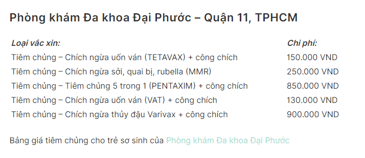 Bảng giá tiêm dịch vụ cho trẻ sơ sinh