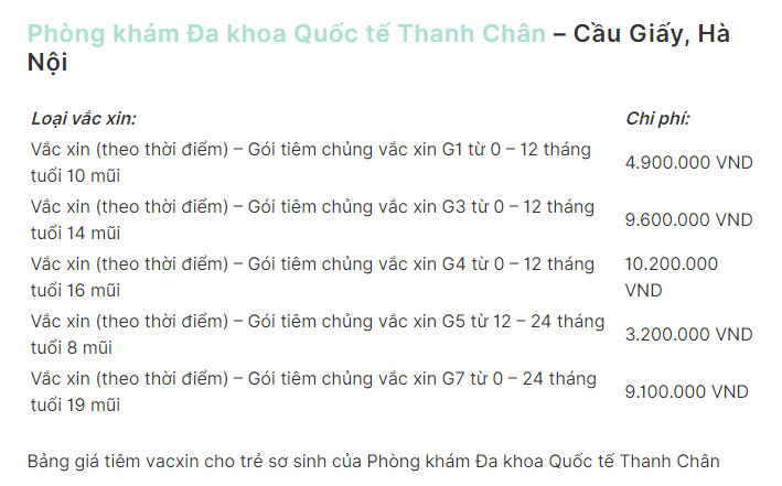 Bảng giá tiêm dịch vụ cho trẻ sơ sinh