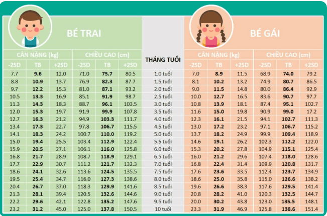 Bảng chiều cao cân nặng của trẻ từ 0-5 tuổi theo tiêu chuẩn WHO