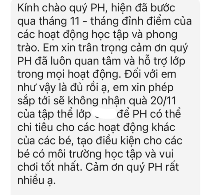 Đầu tháng 11, phụ huynh TP.HCM nhận tin nhắn vỏn vẹn vài câu của giáo viên mà rưng rưng: Vừa có tâm, vừa có tầm!